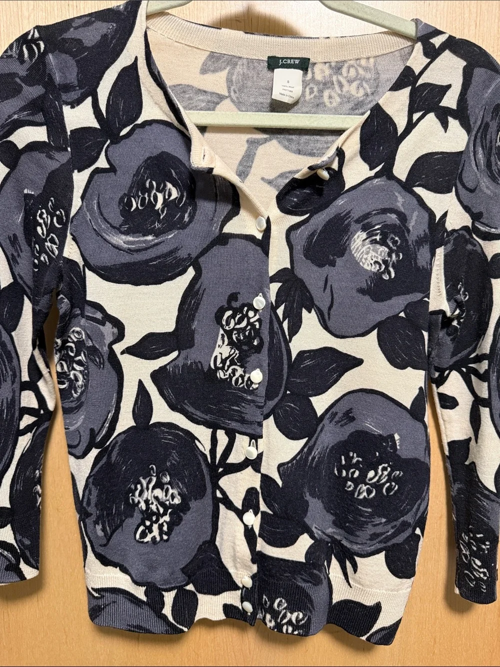 J. Crew Black and Gray Floral on Cream Base 100% Wool Button-Down Cardigan